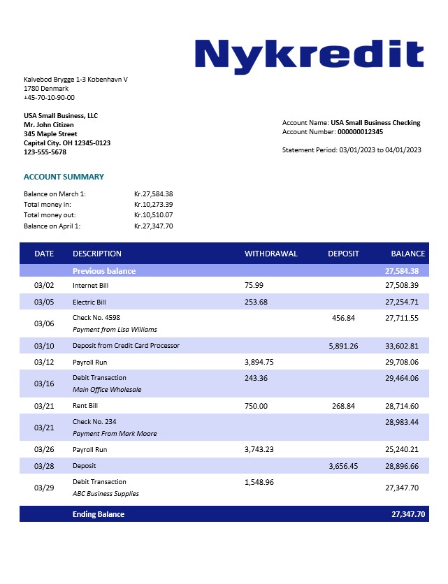 Modèle Word et PDF de déclaration d'organisation de Nykredit Bank